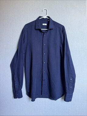 100HANDS Shirt Men’s Sz L Navy Blue Long Sleeve Popover Dress Polo Cotton Pique
